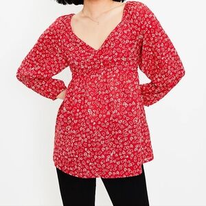 Loft | Heart Print Cinched Sweetheart Neck Blouse Long Sleeve Valentine's Day